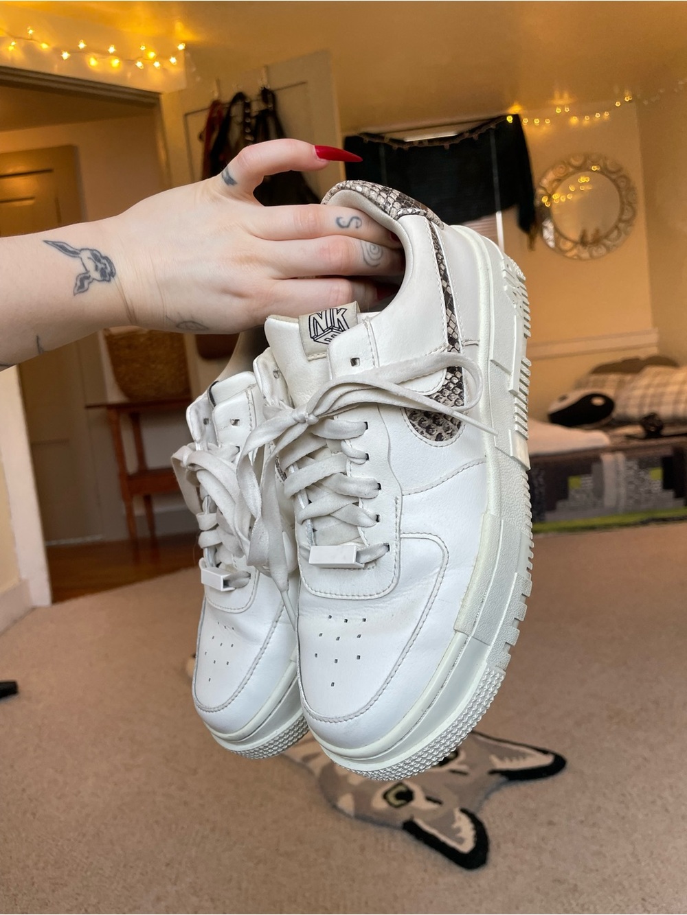 Nike AF1 White Platform Sneakers with Snake-Print Swoosh Everyday Staple Trendy - Picture 6 of 14
